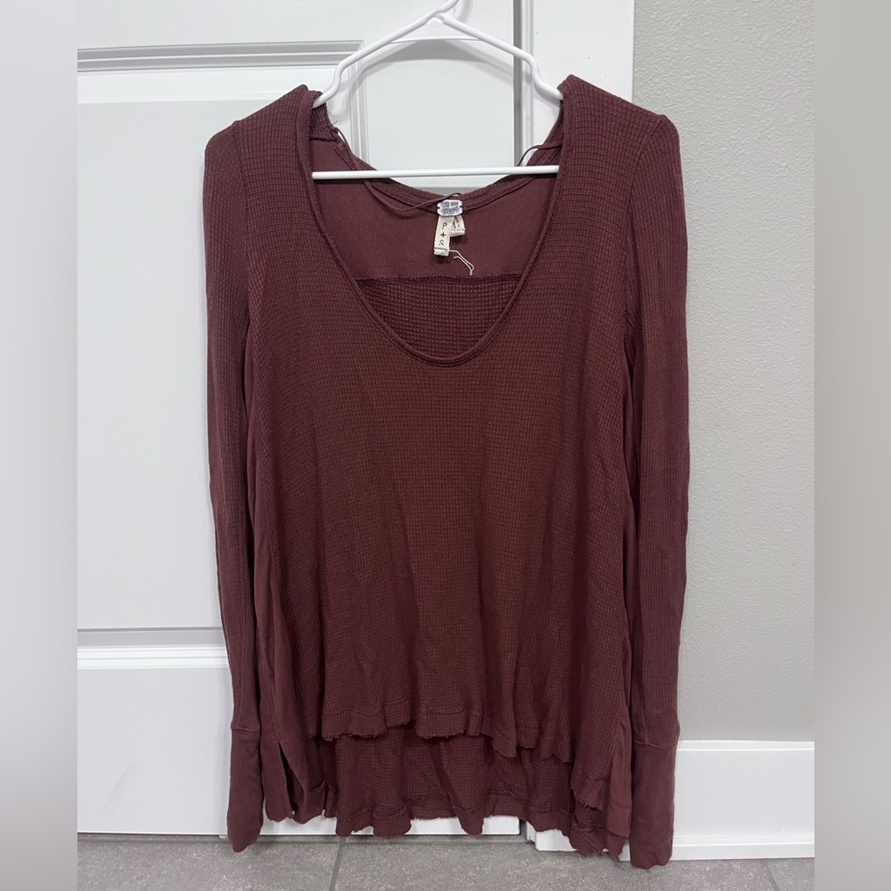 Free People We The Free waffle knit flowy long sleeve shirt brown. Size Small - Picture 1 of 2